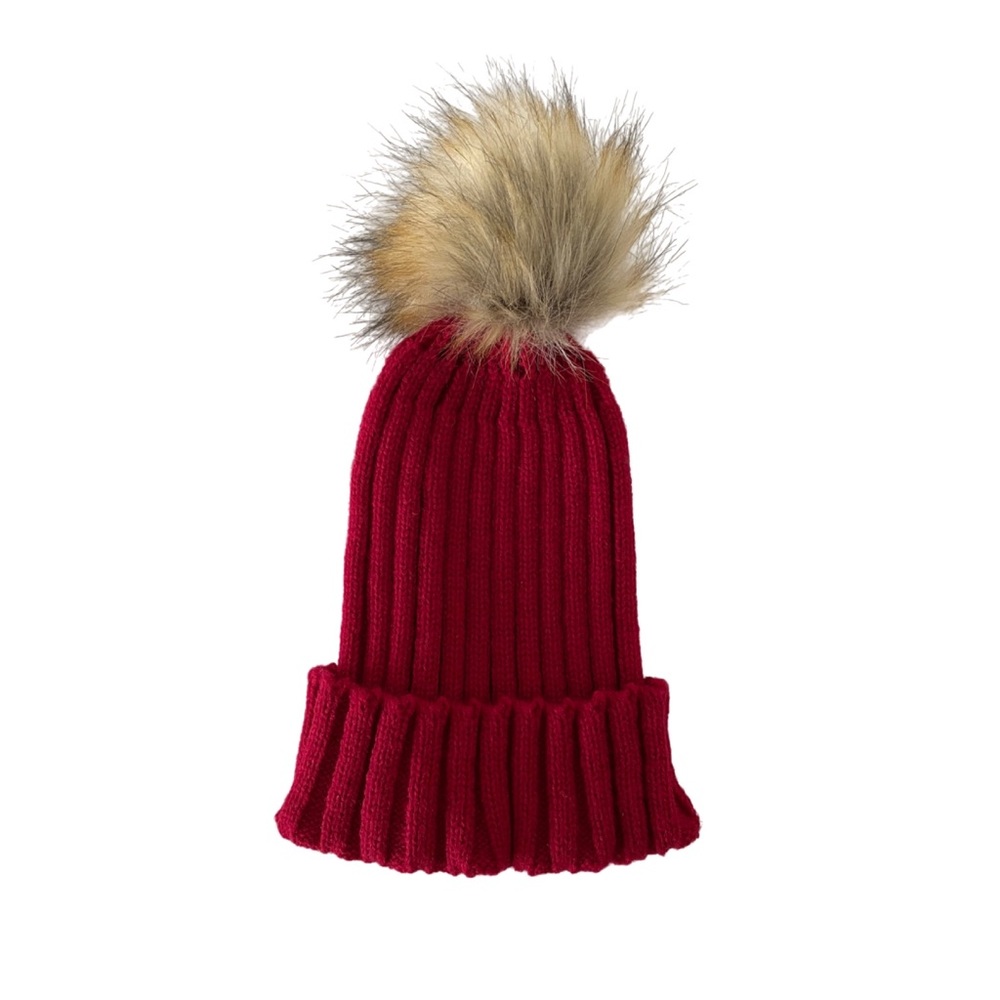 New Merino‎ Wool Fur Pom Pom Beanie - Burgundy